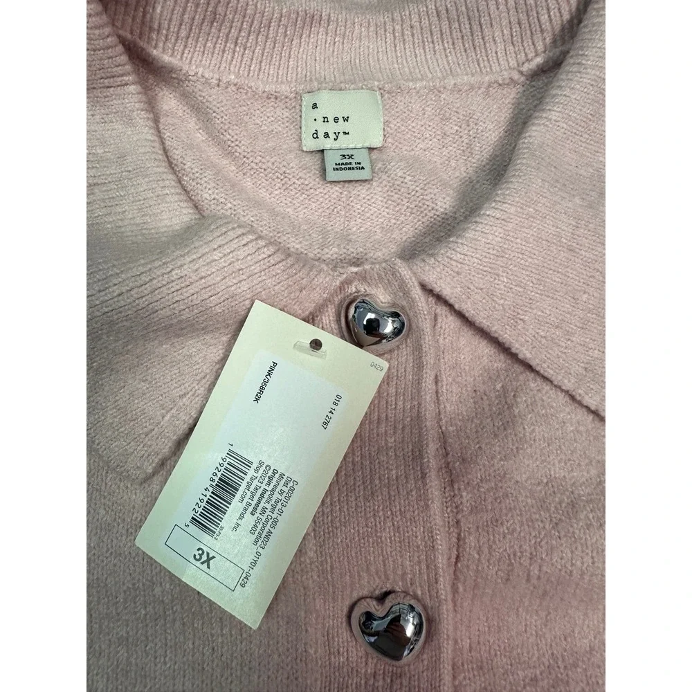 A New Day Womens Pink Heart Button Front Cardigan Sweater 3X New With Tags